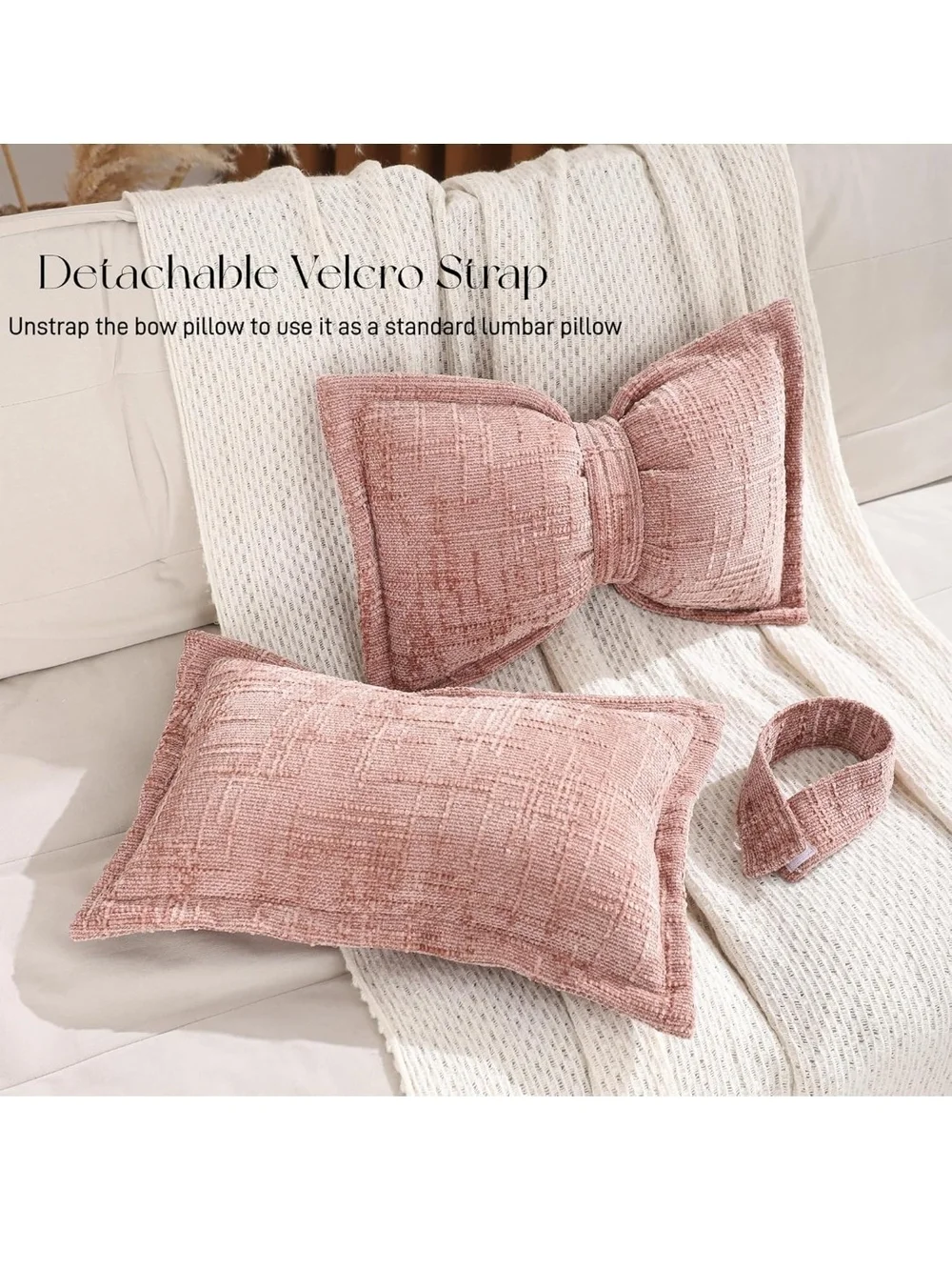 Blush Pink Bow Accent Throw Pillow Pair